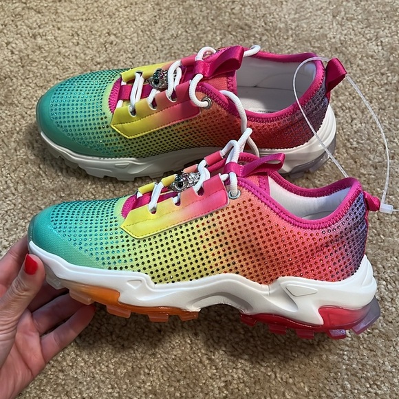 Kurt Geiger rhinestone rainbow lace up pink green yellow orange sneaker 36 - Picture 5 of 8